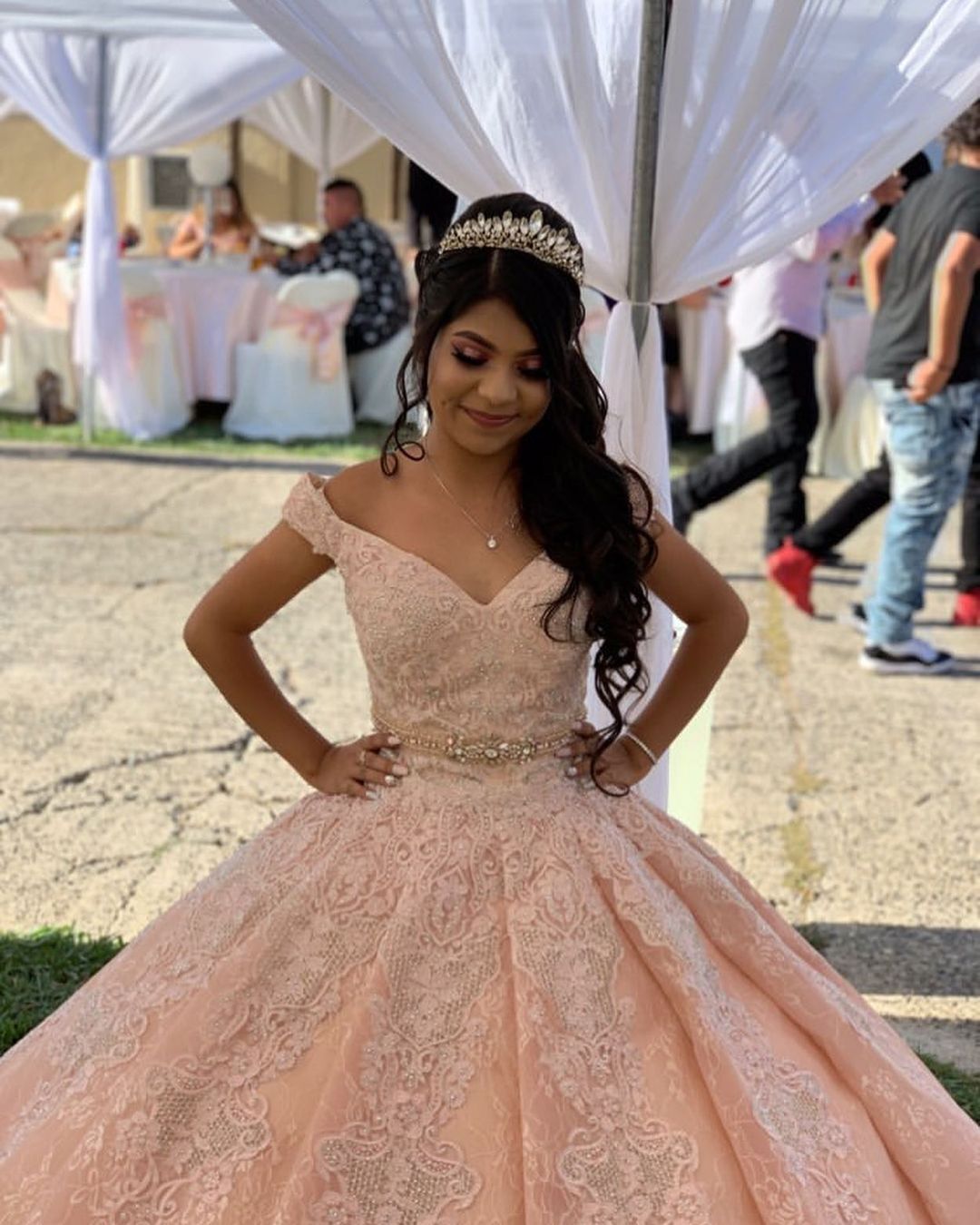 Model wearing a pink gown