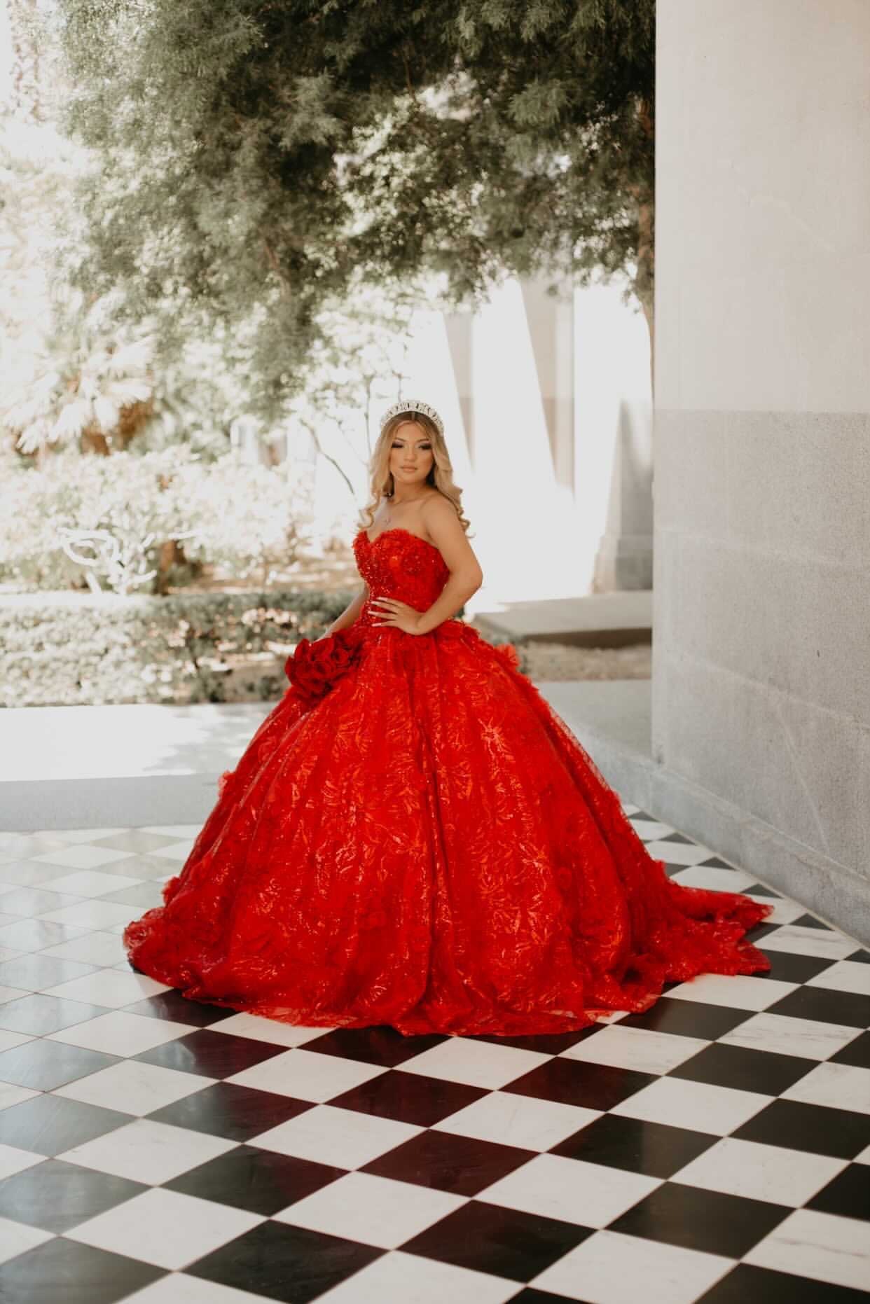 Model wearing a red dress