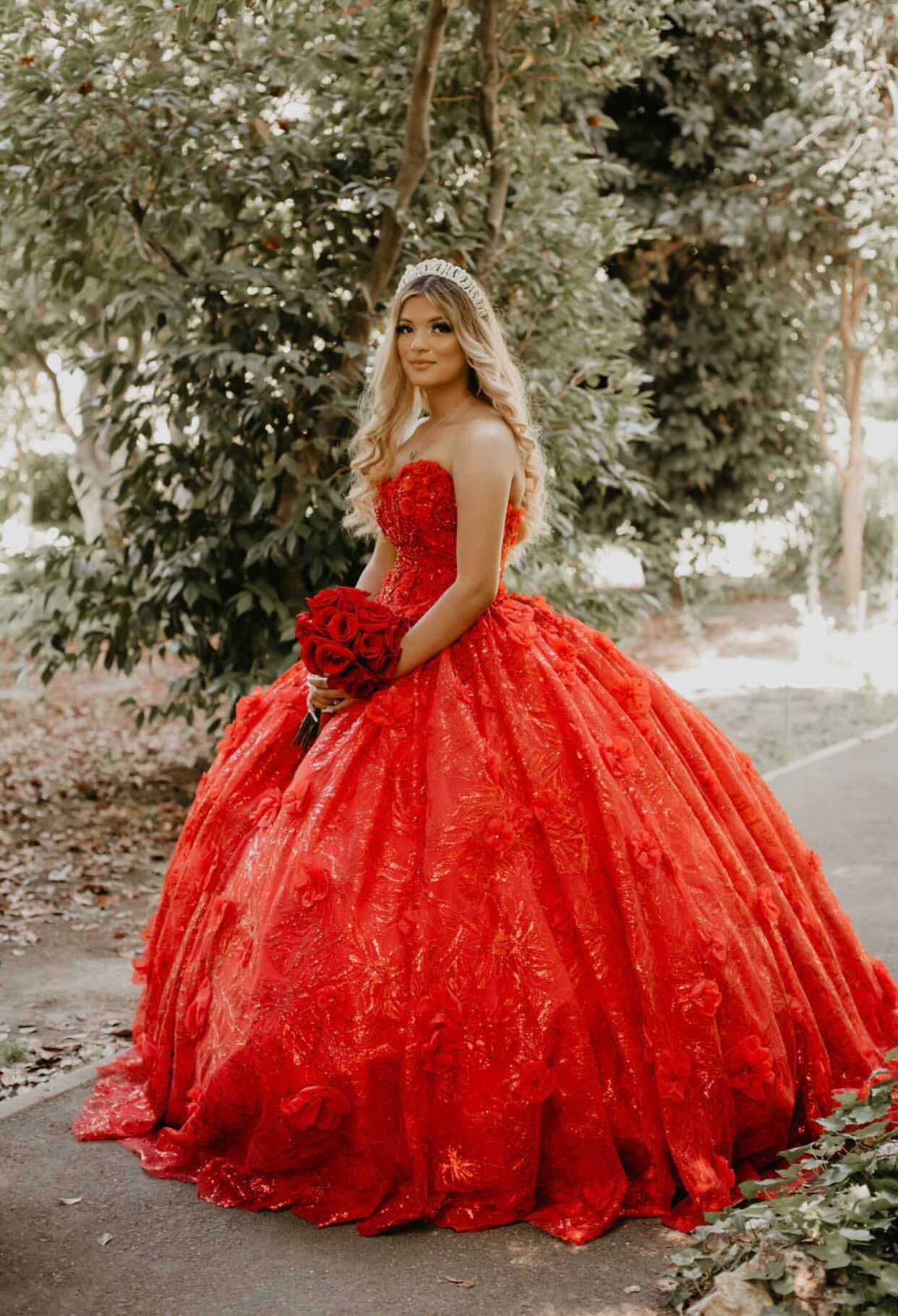 Model wearing a red dress