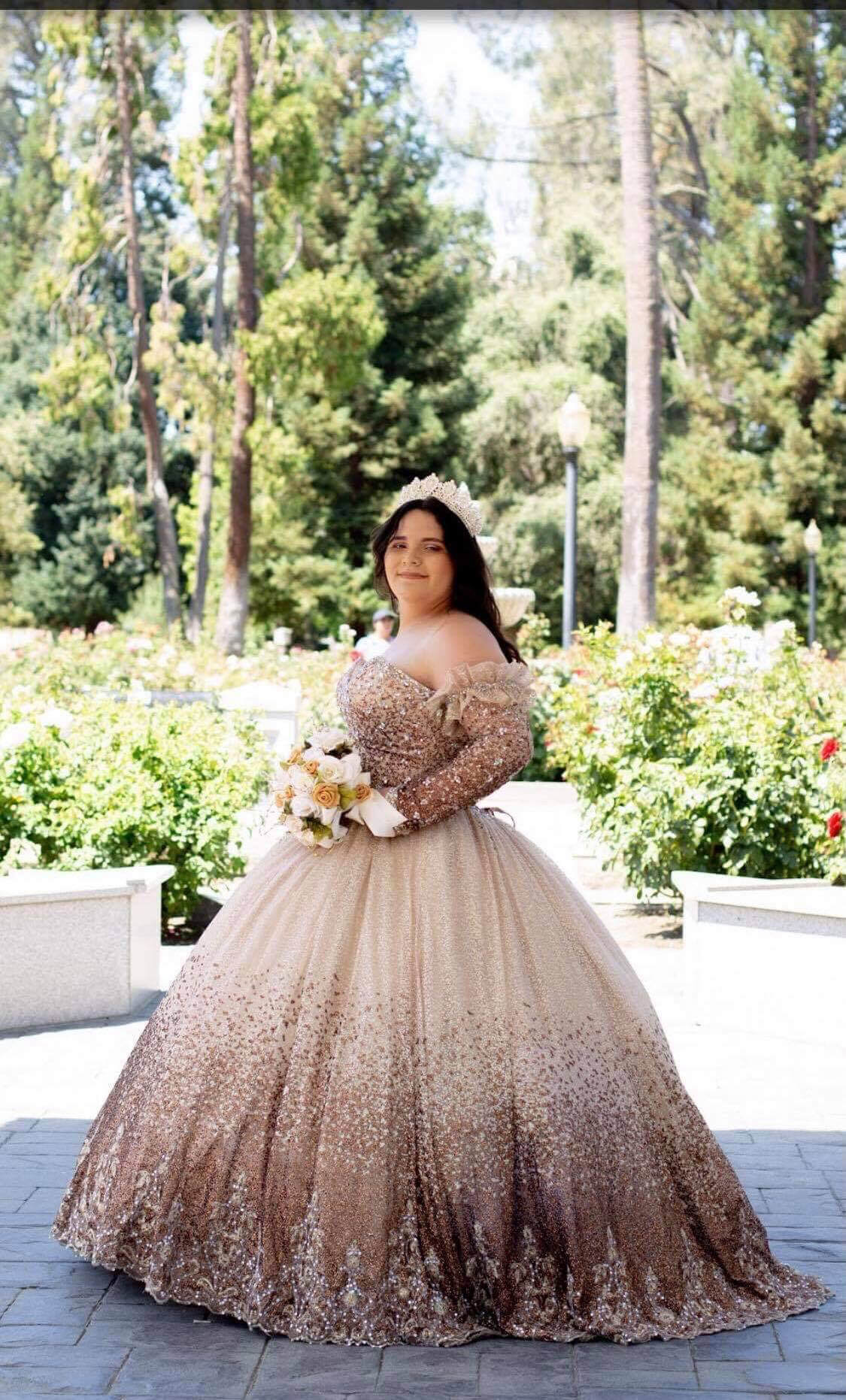 Model wearing a brown gown
