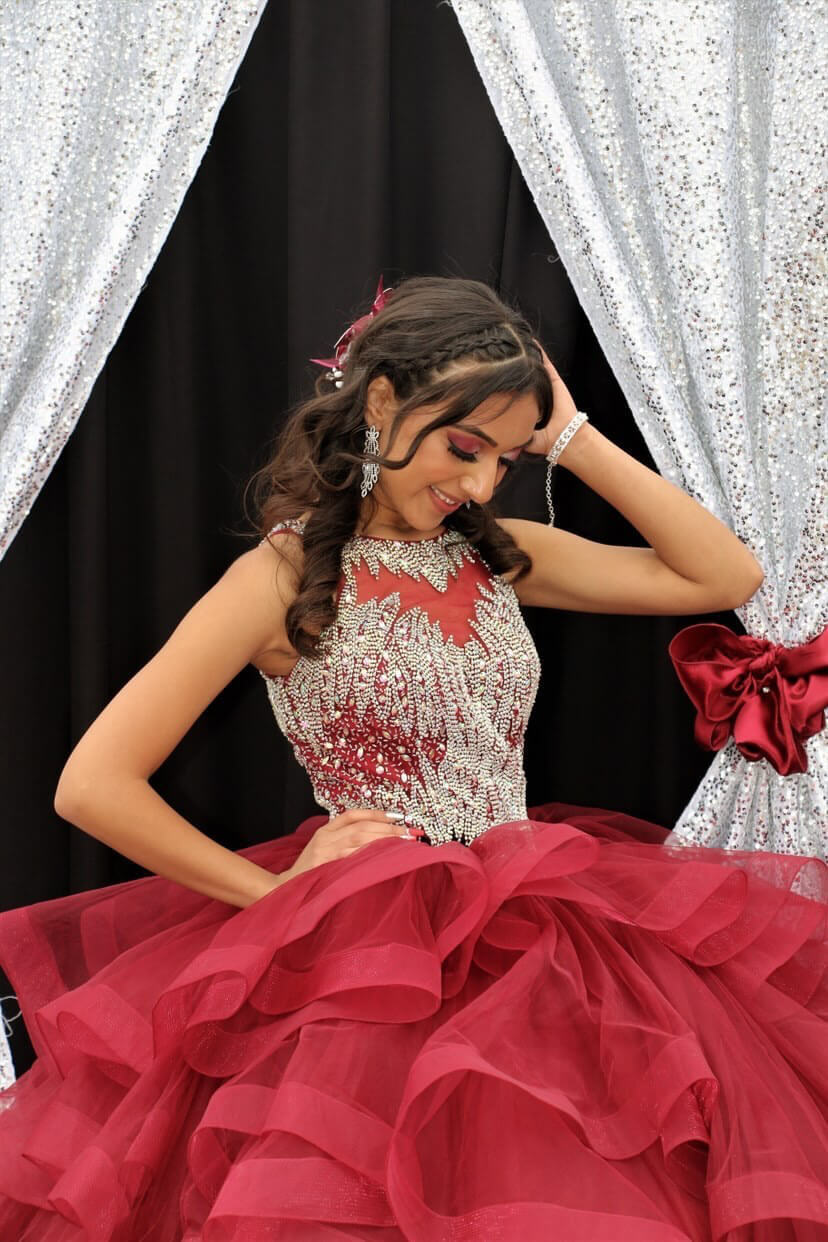 Model wearing a red dress