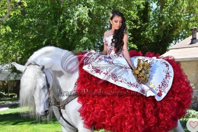 Model wearing a red-white gown